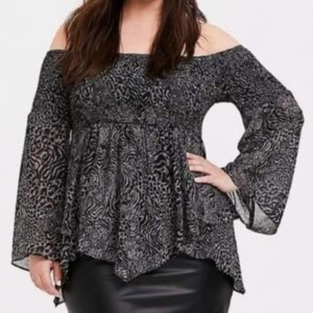 Torrid Grey Mixed Animal Print Chiffon Off Shoulder Smocked Babydoll Tunic 5XL